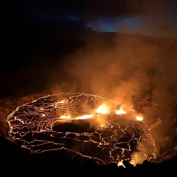 A rising lava lake is seen within Halema'uma'u crater during the eruption of Kilauea  volcano