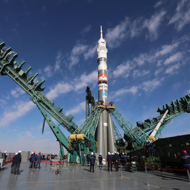 Soyuz-2.1a booster rocket with Soyuz MS-19 spacecraft rolled out ahead of launch