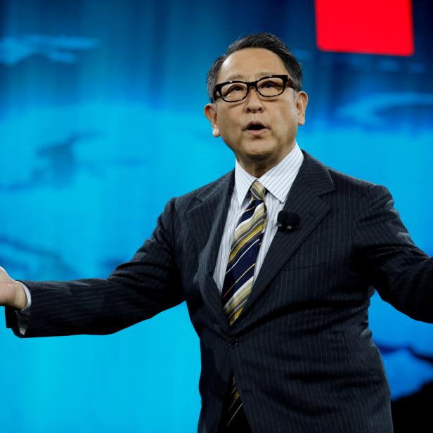 FILE PHOTO: Akio Toyoda, president of Toyota Motor Corporation, speaks at a news conference, where he announced Toyota's plans to build a prototype city of the future on a 175-acre site at the base of Mt. Fuji in Japan, during the 2020 CES in Las Vegas