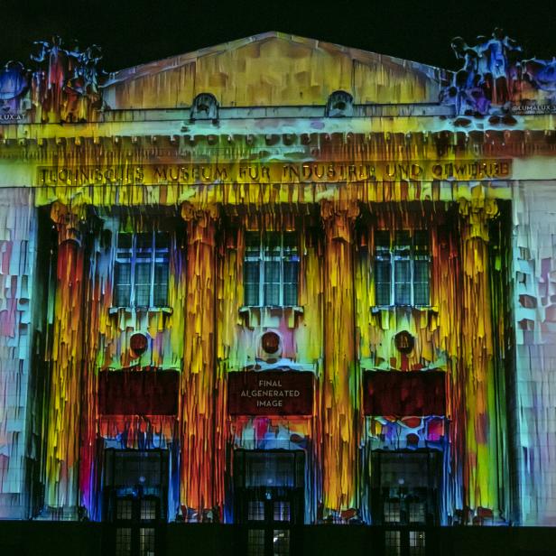 Von KI erstellte 3D-Animation an der Fassade des Technischen Museums Wien