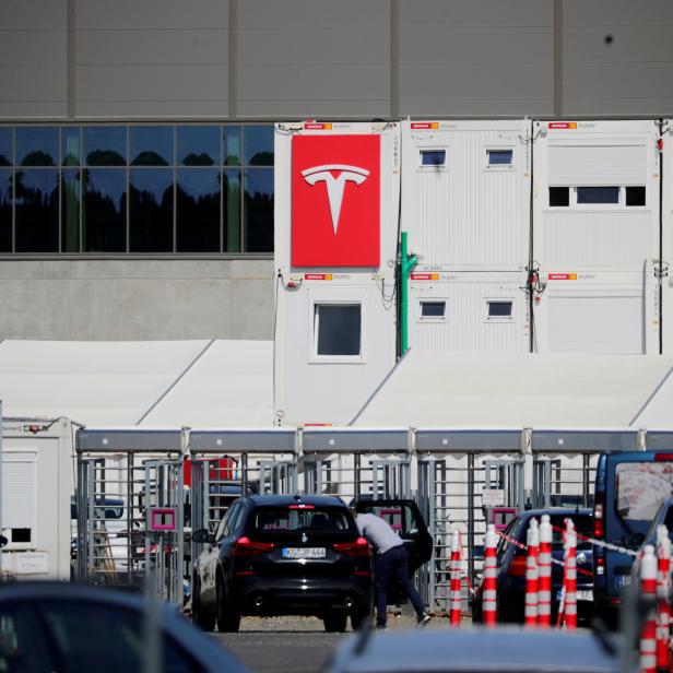 FILE PHOTO: The entrance to the construction site of the future Tesla Gigafactory in Gruenheide