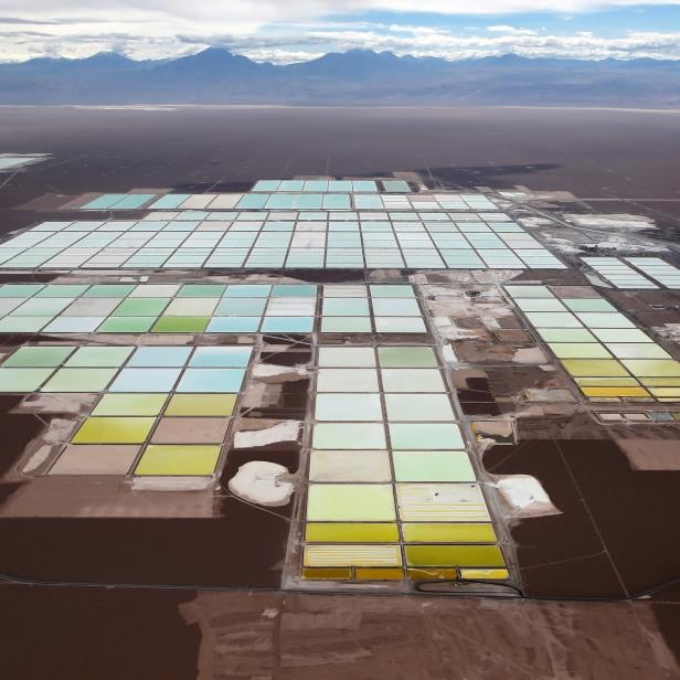 FILE PHOTO: An aerial view shows the brine pools and processing areas of the SQM lithium mine on the Atacama salt flat, in the Atacama desert of northern Chile