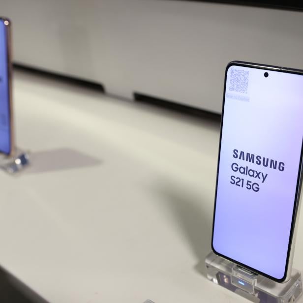 A Samsung Galaxy S21 5G cell phone is seen displayed in a store in Manhattan, New York City