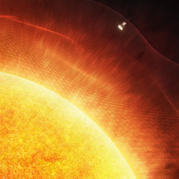 Computergeneriertes Bild der Sonde bei der Sonne