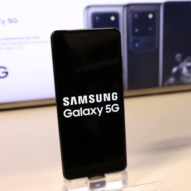 A Samsung Galaxy 5G cell phone is seen displayed in a store in Manhattan, New York City