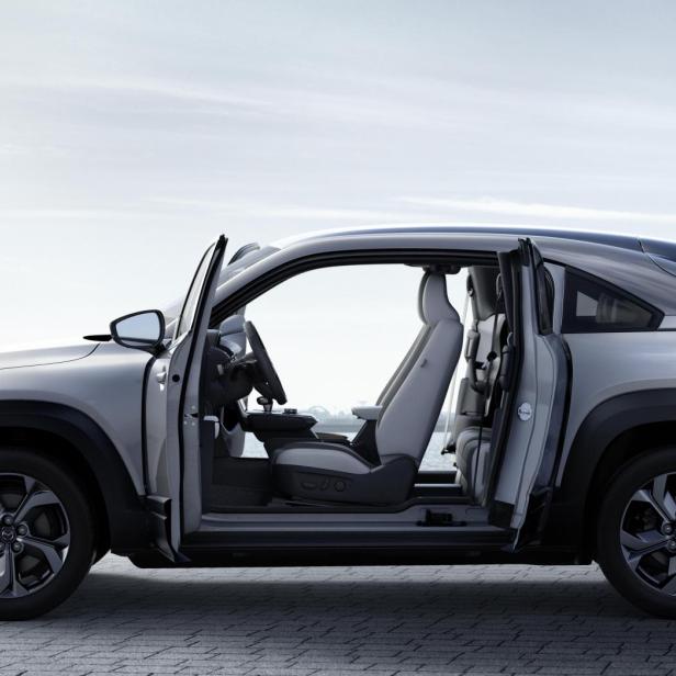 Ein silberner Mazda MX-30 mit geöffneten Portaltüren steht am Ufer.