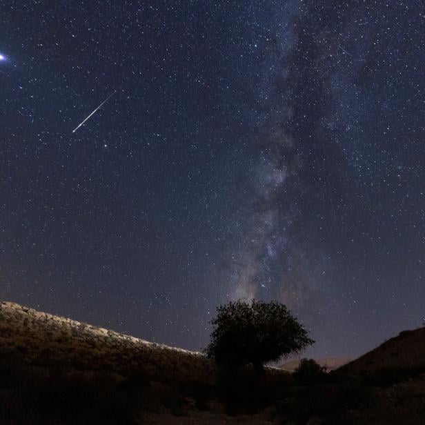 A meteor streaks past stars in the night sky during the annual Perseid meteor shower at the Negev Desert