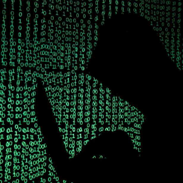 FILE PHOTO: Hooded man holds laptop computer as cyber code is projected on him in this illustration picture
