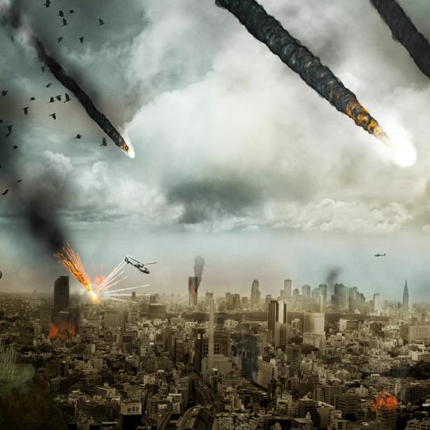 Ein Skateboarder steht vor einer zerstörten Stadt, während Meteoriten herabfallen.