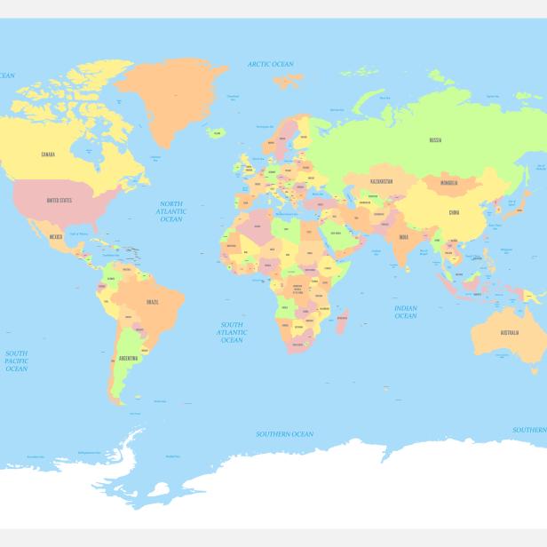 World map atlas. Colored political map with blue seas and oceans. Vector illustration