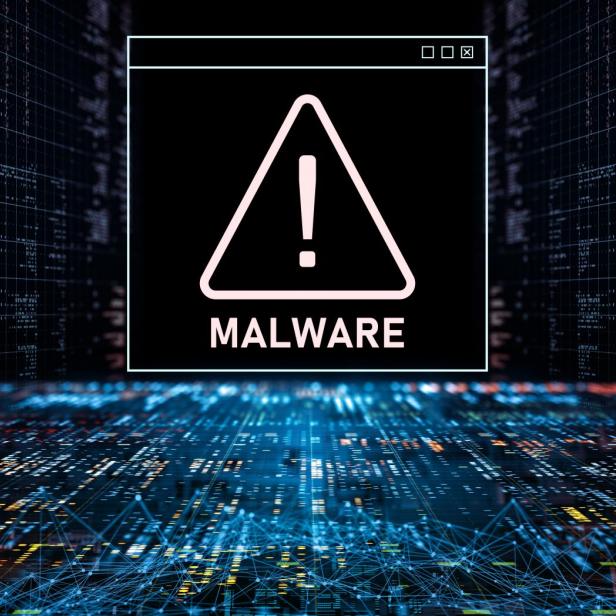 Ein Warnfenster mit einem Ausrufezeichen und dem Wort „Malware“ auf einem digitalen Hintergrund.