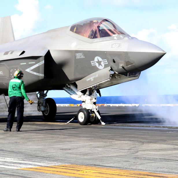 F-35C prepares to catapult from the deck of the USS Carl Vinson in the Western Pacific, south of Japan