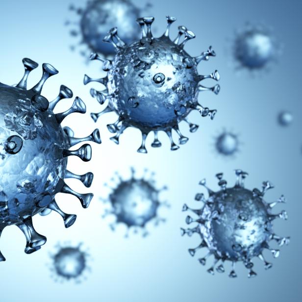 Coronavirus mit DNA im Inneren vor blauem Hintergrund – 3D-Illustration.