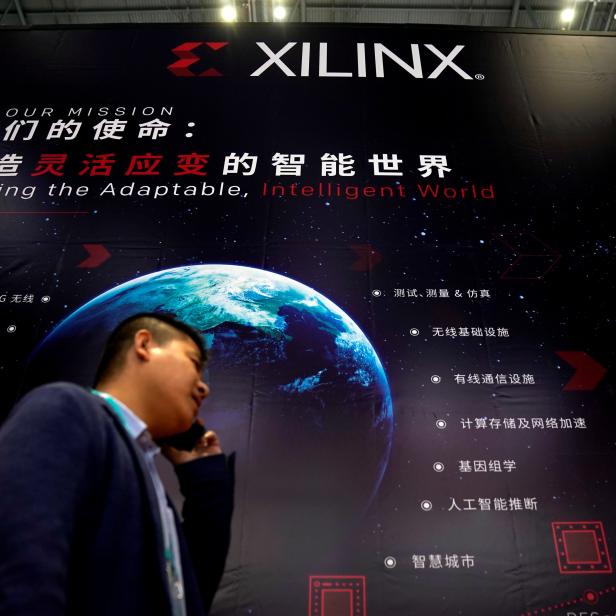 FILE PHOTO: A Xilinx sign is seen during the China International Import Expo at the National Exhibition and Convention Center in Shanghai