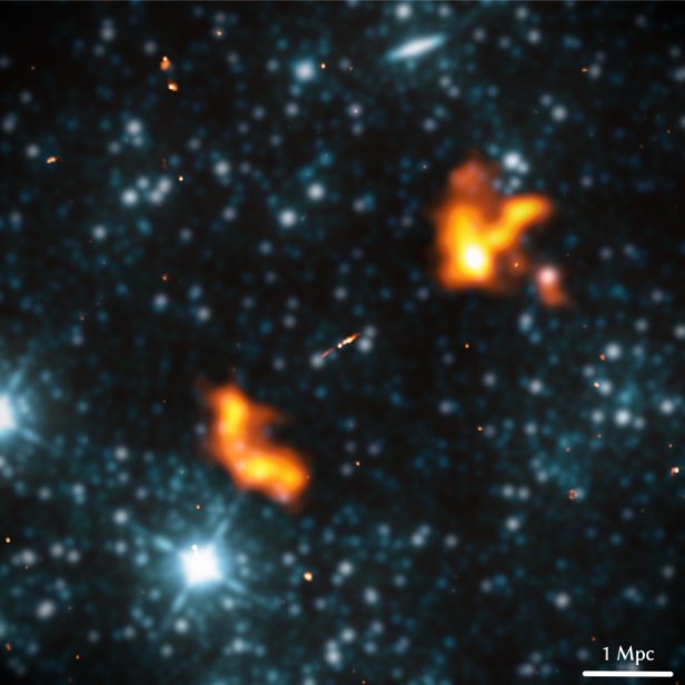 Eine kosmische Aufnahme von Galaxien und intergalaktischem Gas, das durch den Raum strömt.