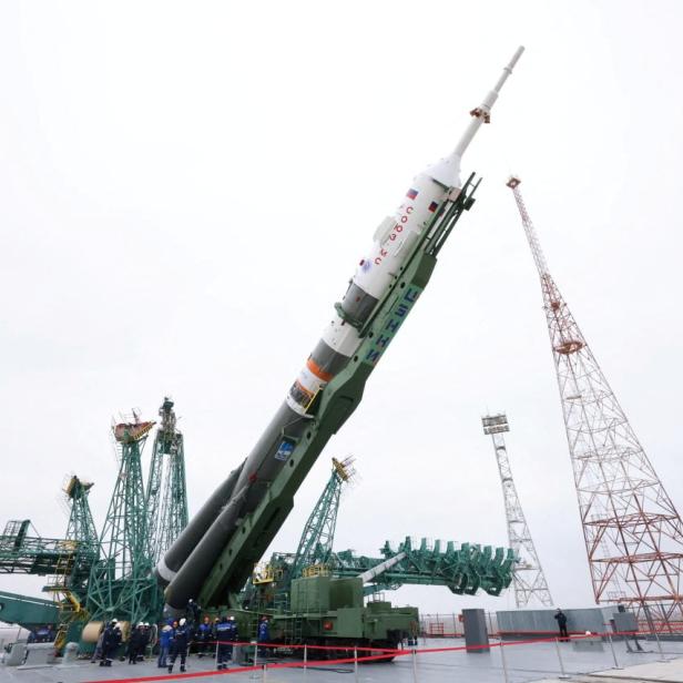 The Soyuz-2.1a rocket booster with the Soyuz MS-21 spacecraft is installed at the launchpad at the Baikonur Cosmodrome
