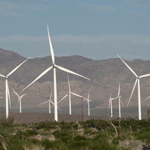 FILE PHOTO: Power-generating Siemens 2.37 megawatt (MW) wind turbines are seen at the Ocotillo Wind Energy Facility as the spread of the coronavirus disease (COVID-19) continues in this aerial photo taken over Ocotillo, California