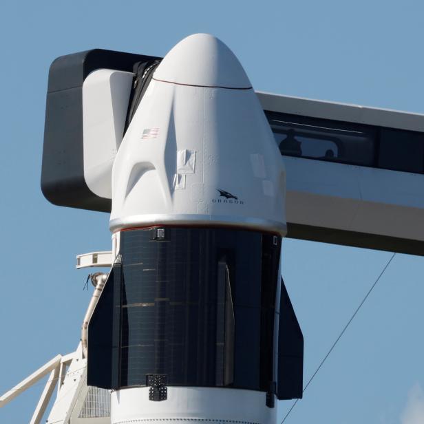 A SpaceX Falcon 9 with the Crew Dragon capsule stands on Pad-39A in preparation for the Inspiration 4 civilian crew mission at the Kennedy Space Center