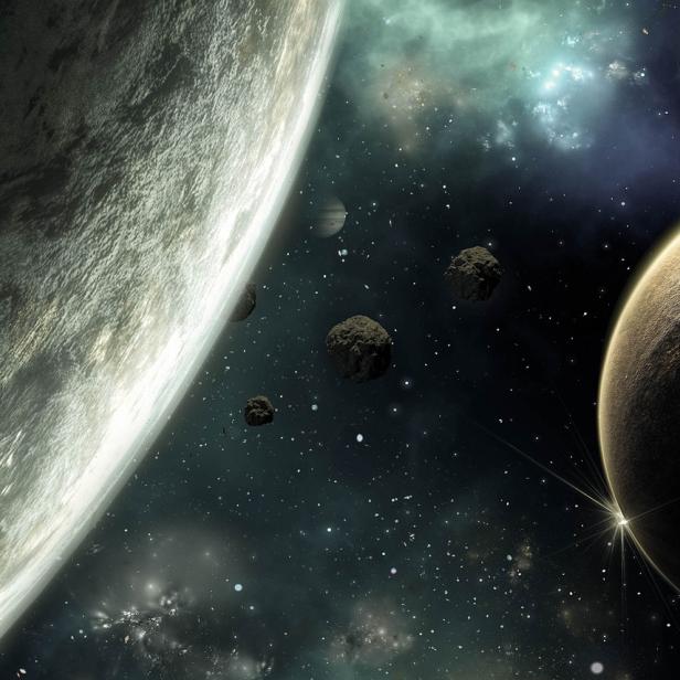 Eine Weltraumansicht mit zwei Planeten und einigen Asteroiden vor einem Sternennebel.