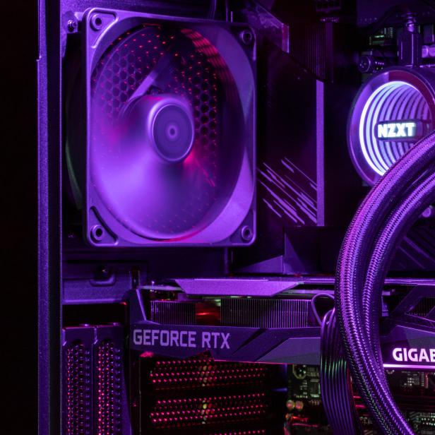 Illustration shows NVIDIA GeForce RTX graphics card and NZXT computer processor water cooler