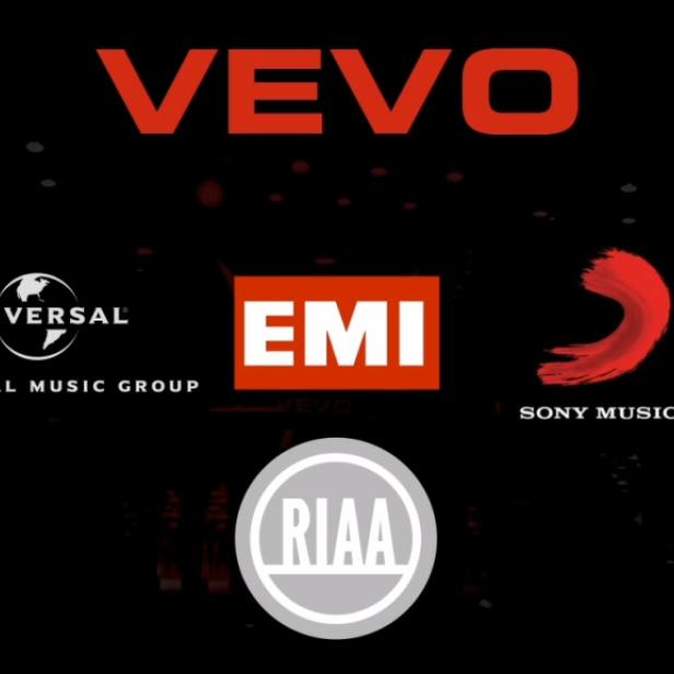 Logos von Vevo, Universal Music Group, EMI, Sony Music und RIAA auf schwarzem Hintergrund.