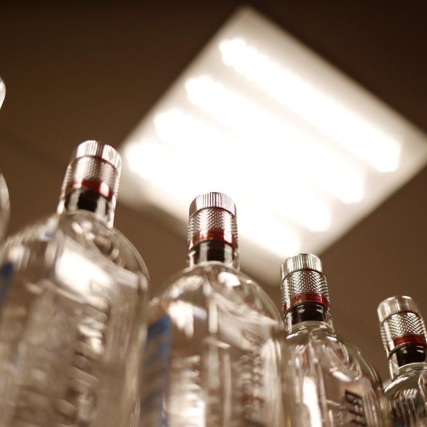 Bottles of vodka are displayed for sale in a supermarket in Moscow