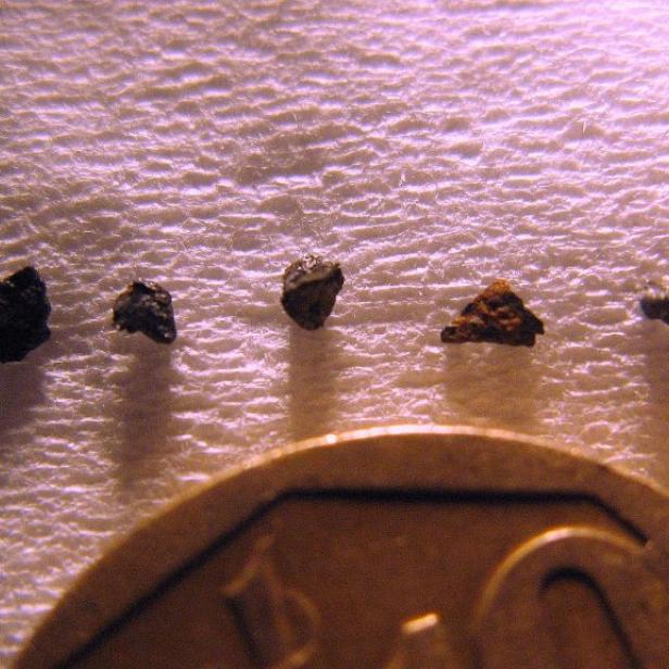 Fünf kleine Goldnuggets liegen neben einer Münze auf einem Tuch.