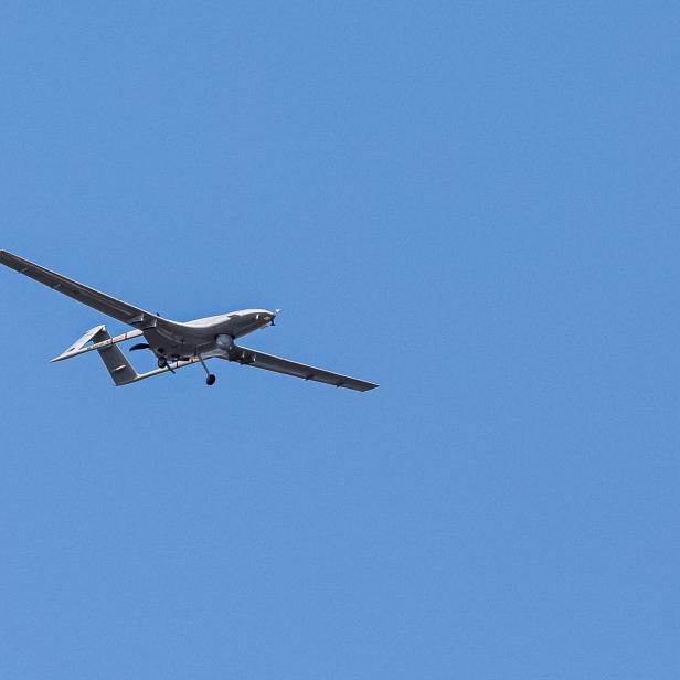 A Bayraktar TB2 drone is seen during a demonstration flight at an aerospace and technology festival in Baku