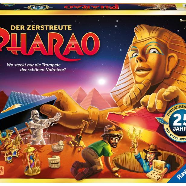 Die Verpackung des Spiels „Der zerstreute Pharao“ von Ravensburger mit ägyptischen Motiven.