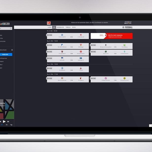 Ein Laptop-Bildschirm zeigt die Deezer-App mit Bundesliga-Spielplänen.