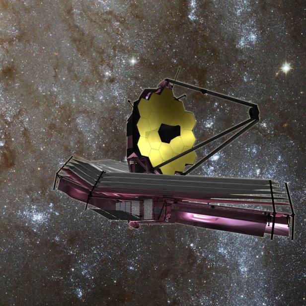Das James-Webb-Weltraumteleskop vor einer Galaxie.