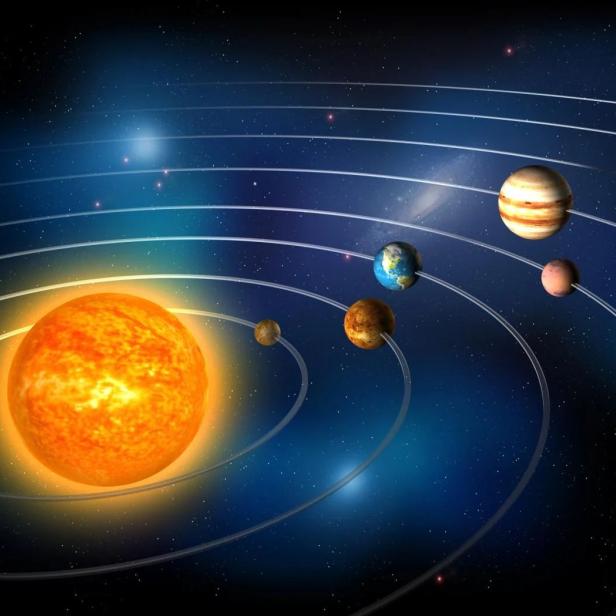 Eine Darstellung unseres Sonnensystems mit Sonne und Planeten auf ihren Umlaufbahnen.