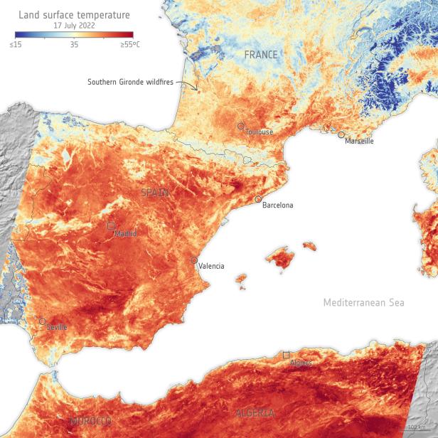Oberflächentemperatur am 17. Juli 2022 in Spanien und Südfrankreich.