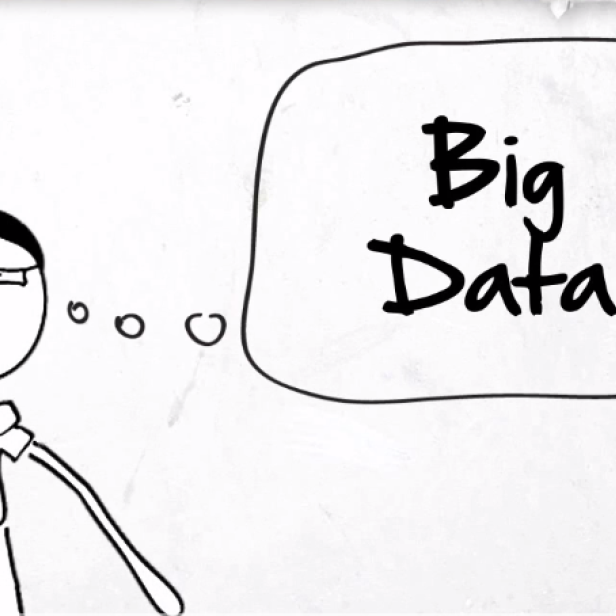 Eine Strichmännchen-Figur denkt über „Big Data“ nach.