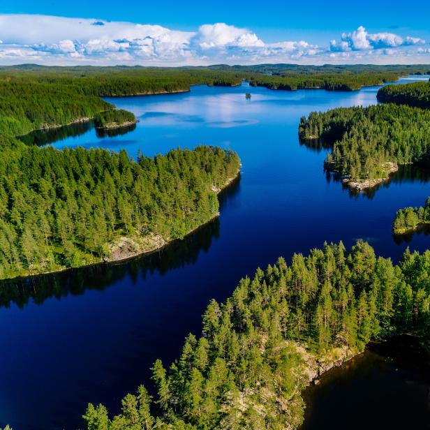 Aerial view of blue lakes and green forests on a sunny summer day in Finland.
