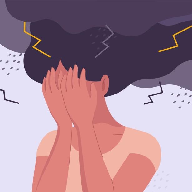 Conceptual stock vector illustration for psychology, mental distress, depression, exhaustion, burn out, fear, anger and mental problems. Stressed, unhappy girl or woman is under a storm of negative emotions with lightning and rain.