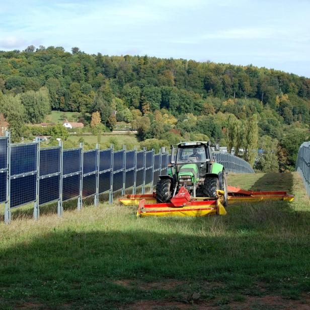 Traktor fährt zwischen Reihen vertikaler Photovoltaikmodule auf einem Feld