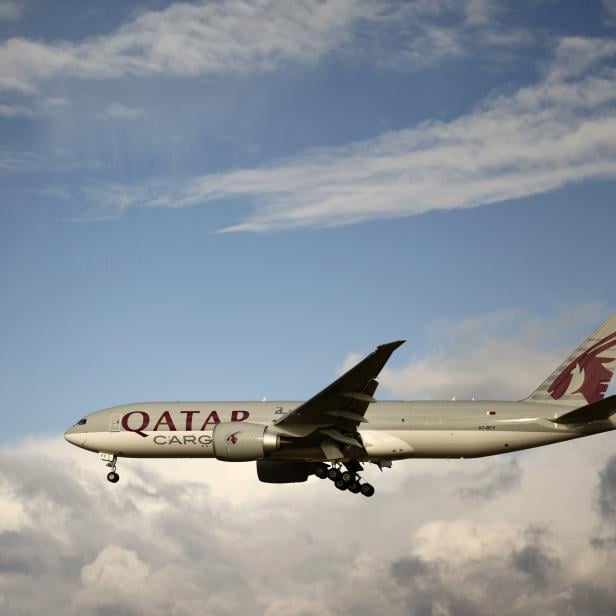 A Qatar Airways cargo Boeing 777 plane takes off from Paris Charles de Gaulle airport near Paris