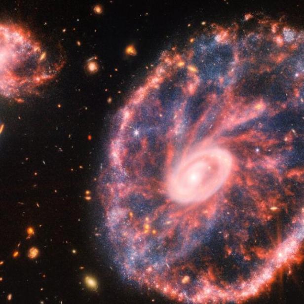 500 Millionen Lichtjahre von der Erde entfernt: Nie zuvor gab es detailreichere Aufnahmen von der Wagenradgalaxie.