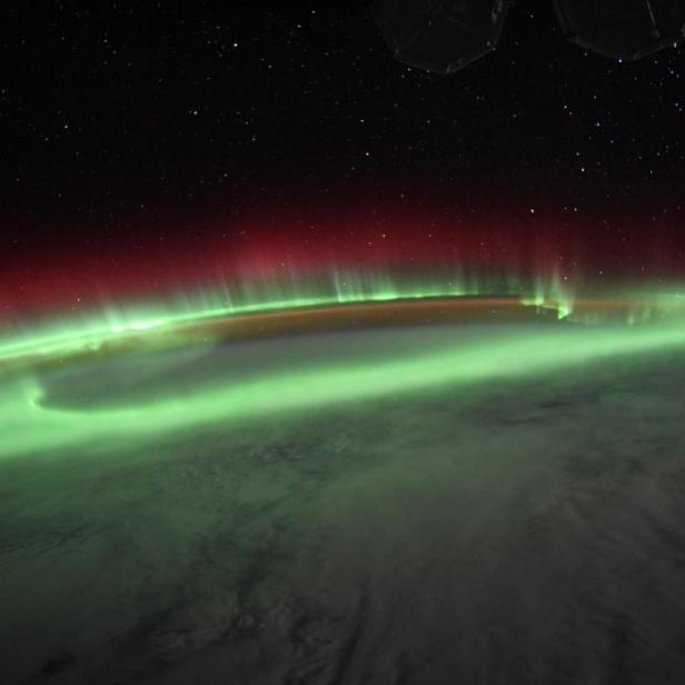 Blick aus dem Weltraum auf die Erde mit grün leuchtenden Polarlichtern.