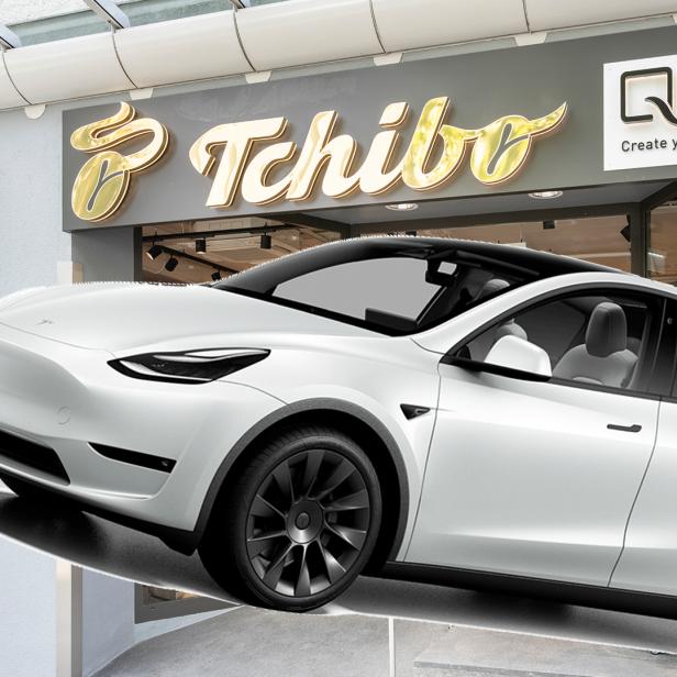 Aus Ermangelung an einem vernünftigen Tchibo-Autobild, schwebt hier ein Model Y in feinster Photoshop-Manier vor einer Filiale