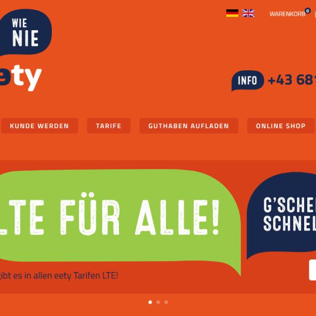 Die Website von eety mit dem Slogan „LTE für alle!“.