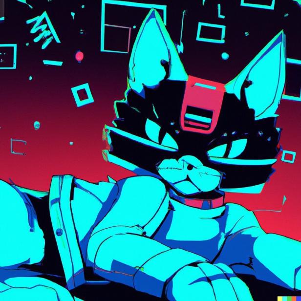 Eine Cyberpunk-Katze im japanischen Anime-Style der 90er, generiert von DALL-E 2.