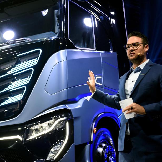 FILE PHOTO: CEO and founder of U.S. Nikola Trevor Milton speaks during presentation of its new full-electric and hydrogen fuel-cell battery trucks in partnership with CNH Industrial, at an event in Turin