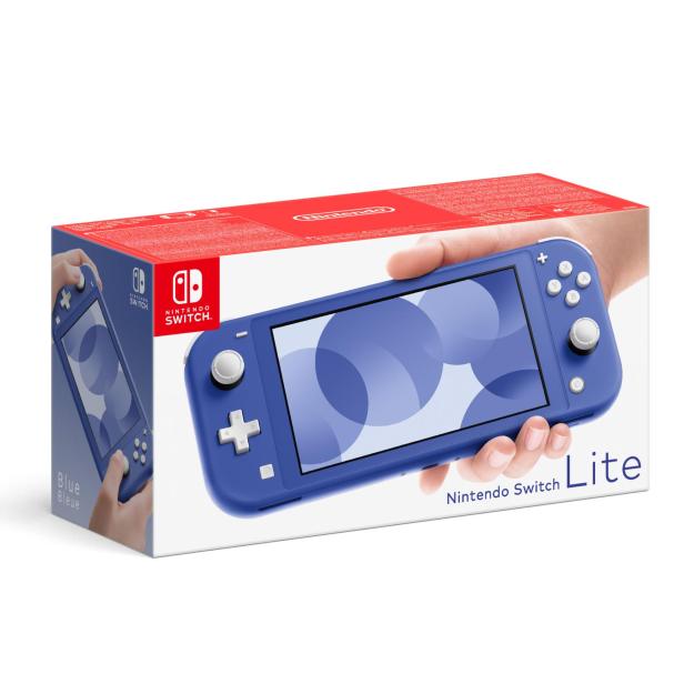 Die blaue Nintendo Switch Lite Konsole in ihrer Verpackung.