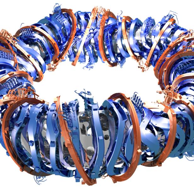 Beim Stellarator-Reaktor wie dem Wendelstein 7-X erzeugen außen angeordnete Spulen ein Magnetfeld. 