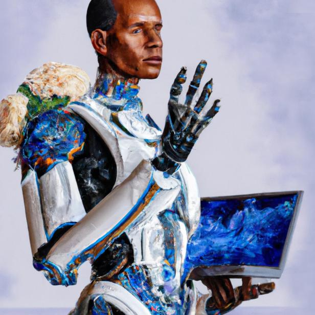 DALL-E Bild: &quot;painting of humanoid robot on computer, in the style of Kehinde Wiley&quot;