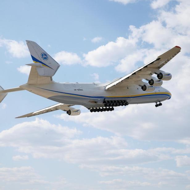 An Antonov An-225 Mriya cargo plane takes off from an airfield in Hostomel