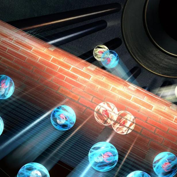 Eine stilisierte Darstellung von Quantenpunkten, die sich entlang einer Ziegelwand bewegen.
