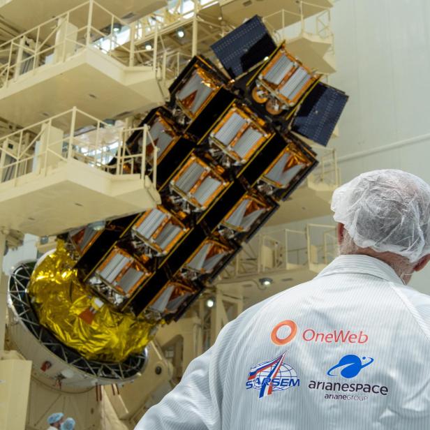 A view shows a spacecraft with OneWeb satellites at the Vostochny Cosmodrome in Amur Region